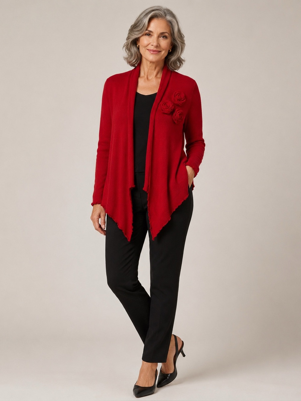 Elena Solano 100% Cashmere Red Rose Appliqués Embellished Cardigan Sz L